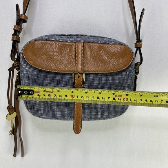Fossil Purse Crossbody Leather & Denim Soft Navy/Tan with Braded Fringe Small - Picture 5 of 8